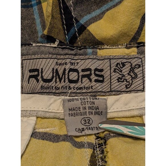 Rumors Mens Size 32 Shorts Flat Front Blue Yellow Plaid Brushed Cotton Pockets - Picture 4 of 4